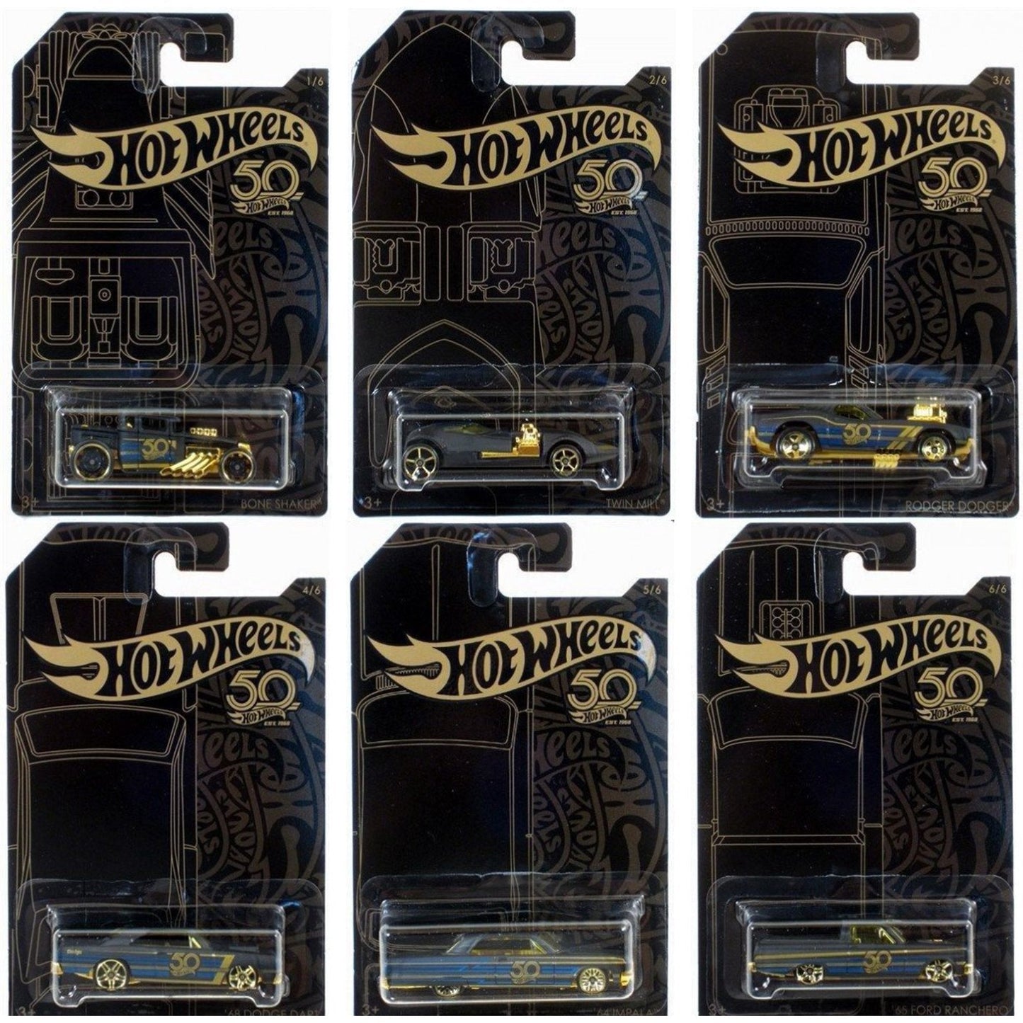 Hot Wheels 50th Anniversary Black & Gold Set of 6 Die-Cast Cars