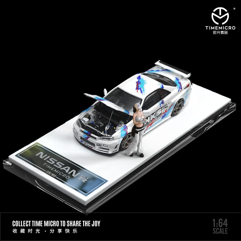 TimeMicro Nissan Skyline GTR-R34 White / Black / Purple HKS Livery 1:64