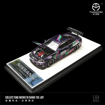 TimeMicro Nissan Skyline GTR-R34 White / Black / Purple HKS Livery 1:64